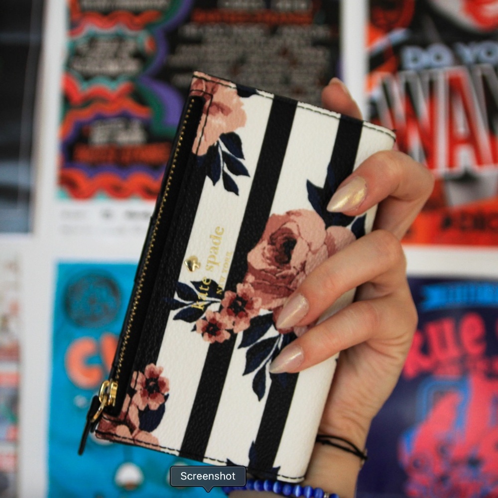 SOLD kate spade nylon bifold wallet pink roses black and white stripes - Picture 1 of 2